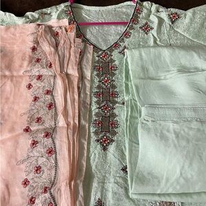 Embroidered Mint Green and Pink Ethnic Outfit plus size 3 PCs Pakistani dress